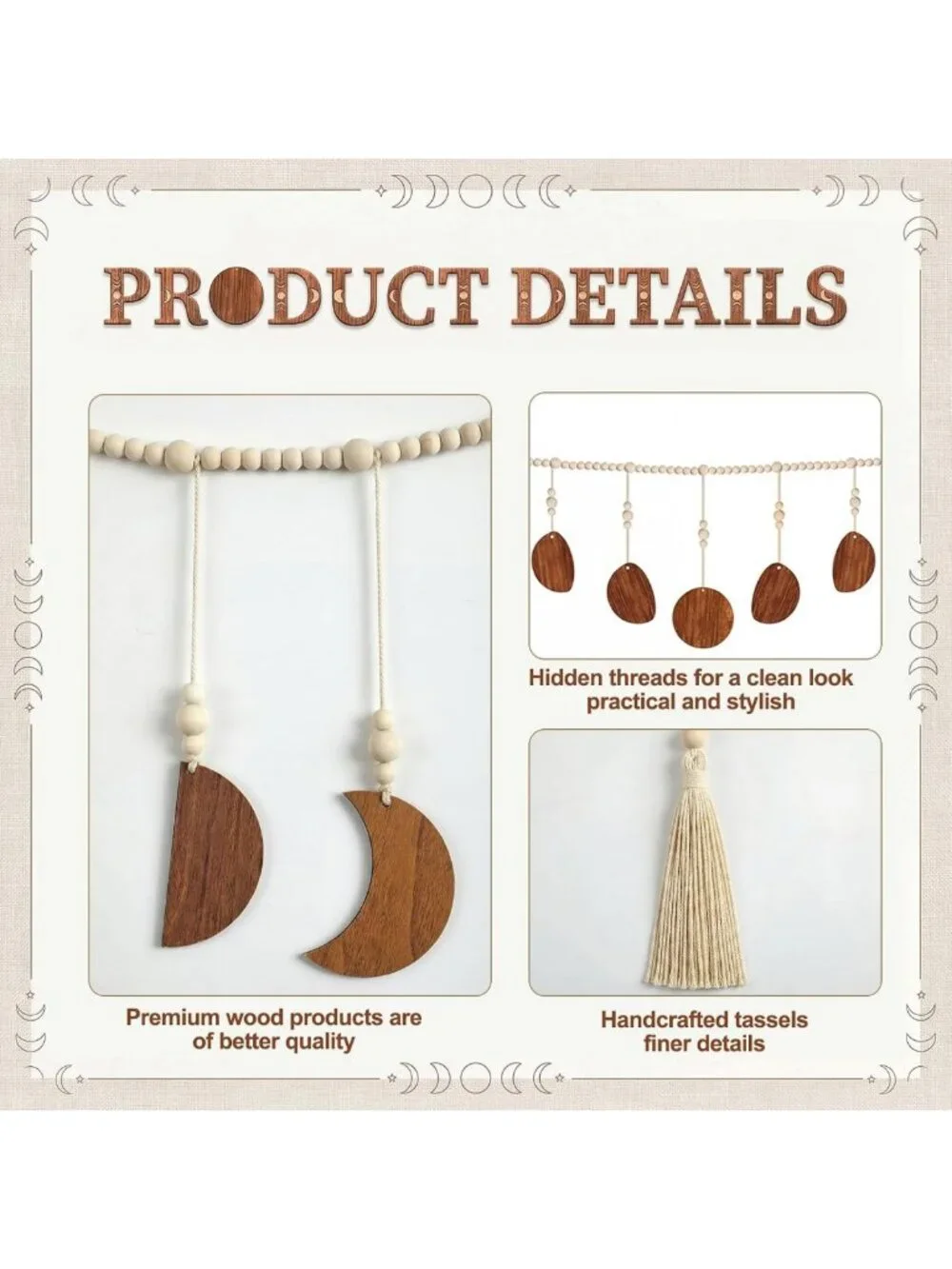 Boho Moon Phase Wall Art - Rattan Beaded Hanging Decor with Tassel for Bedroom